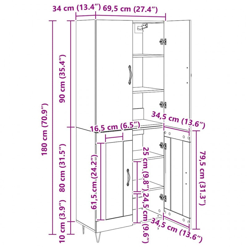 Highboard 2 pcs Czarny Dąb Drewno inżynieryjne i szkło