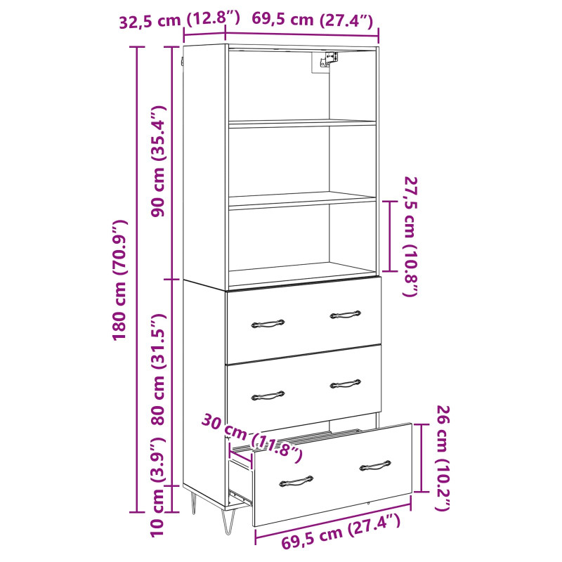Highboard z szufladą 2 pcs Stare drewno Materiał drewnopochodny