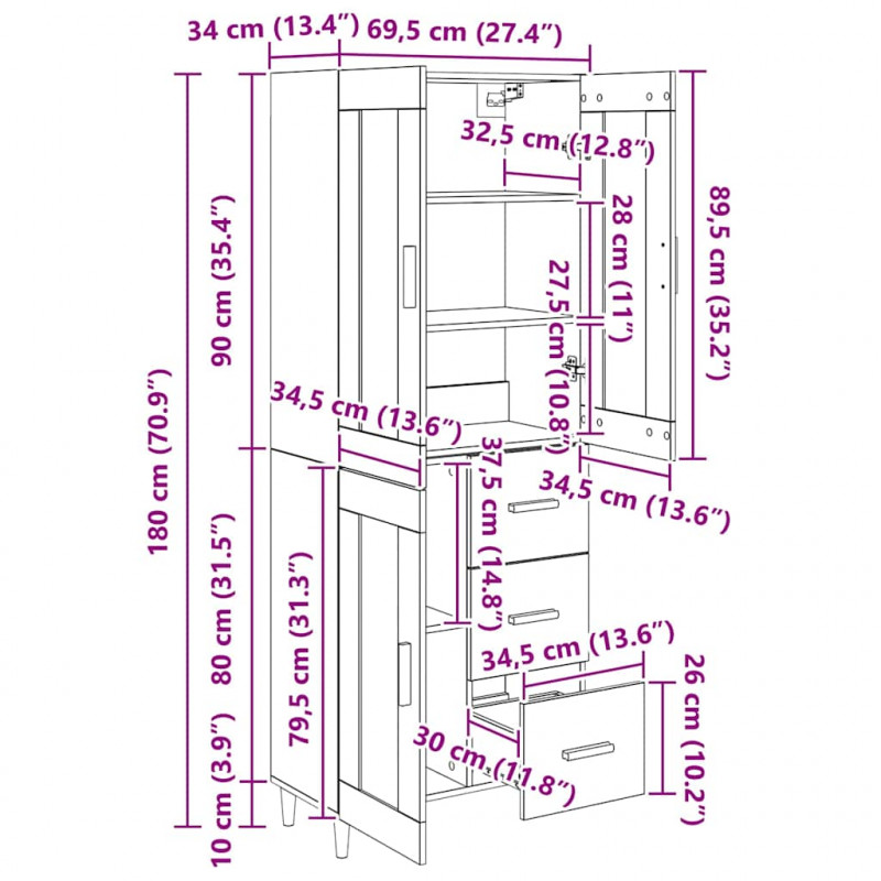 Highboard Czarny Dąb 69,5 x 34 x 180 cm Materiał drewnopochodny