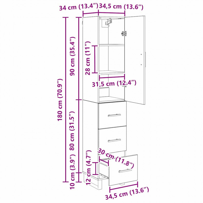 Highboard z szufladą Stare drewno 34,5 x 34 x 180 cm