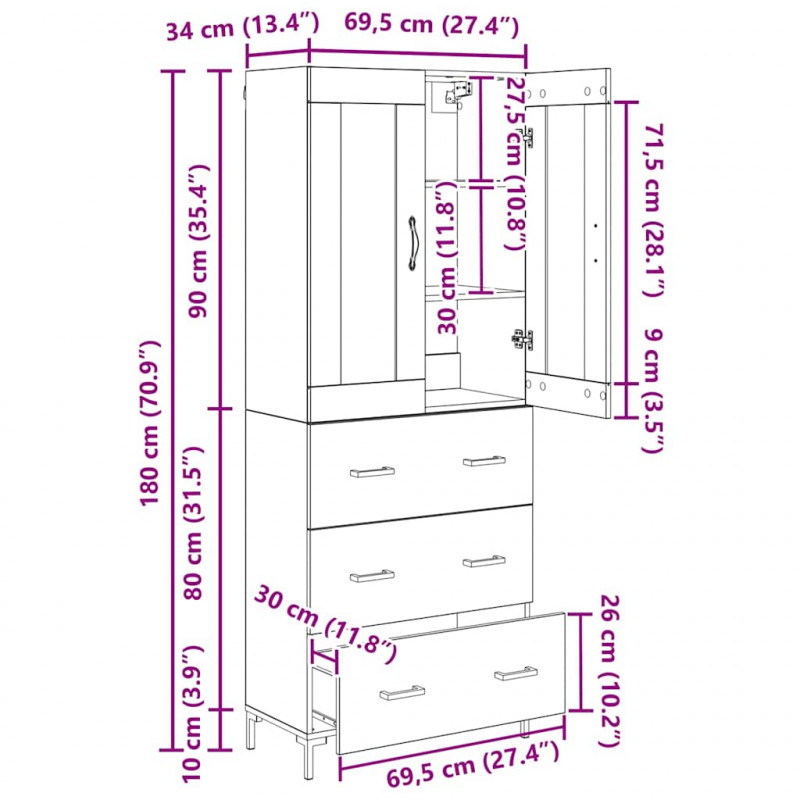 Highboard z szufladą 2 pcs Czarny Dąb Materiał drewnopochodny
