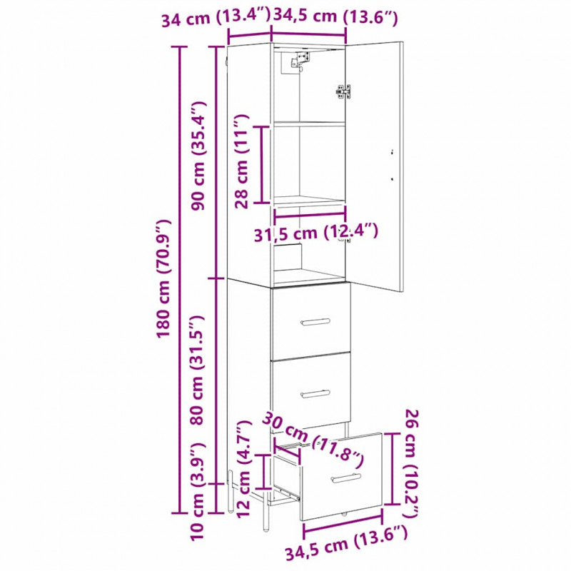 Highboard z szufladą Stare drewno 34,5 x 34 x 180 cm