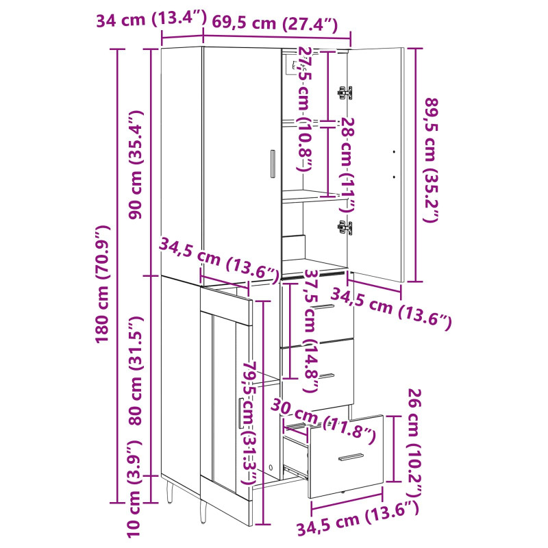Highboard 2 pcs Stare drewno Drewno inżynieryjne i szkło