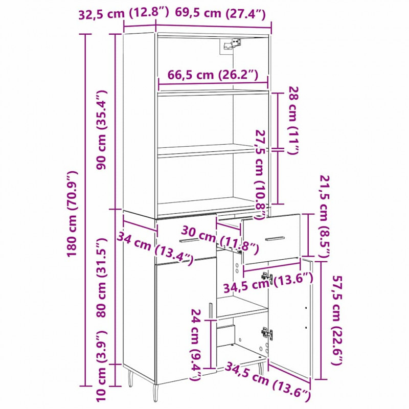 Highboard z szufladą Czarny Dąb 69,5 x 34 x 180 cm