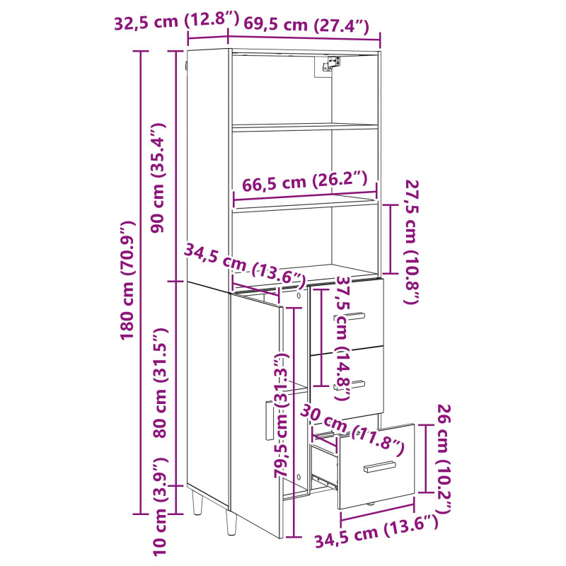 Highboard z szufladą Stare drewno 69,5 x 32,5 x 180 cm