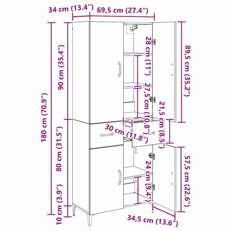 Highboard Czarny Dąb 69,5 x 34 x 180 cm Materiał drewnopochodny
