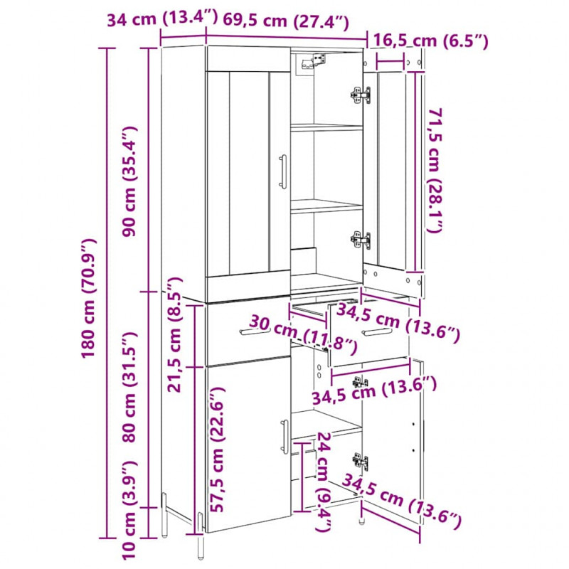 Highboard z szufladą 2 pcs Czarny Dąb Materiał drewnopochodny