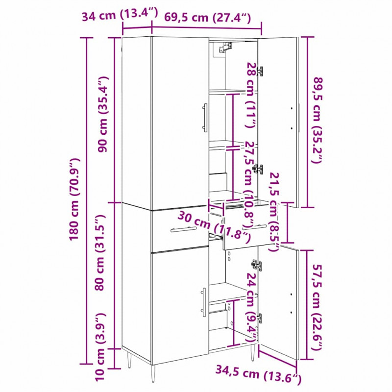 Highboard Czarny Dąb 69,5 x 34 x 180 cm Materiał drewnopochodny