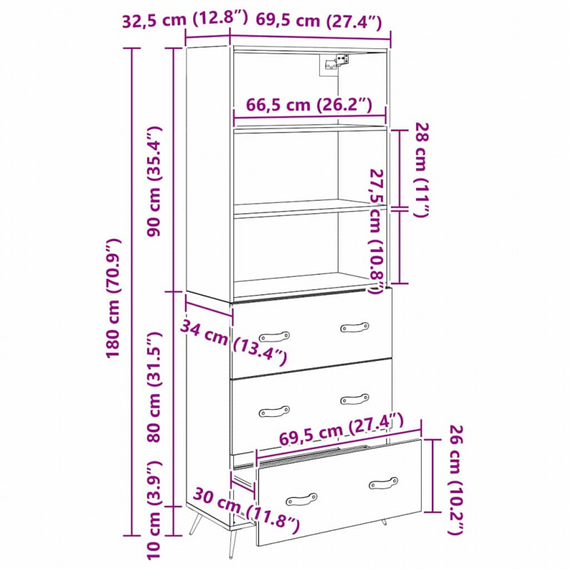 Highboard Czarny dąb 69,5 x 34 x 180 cm Materiał drewnopochodny