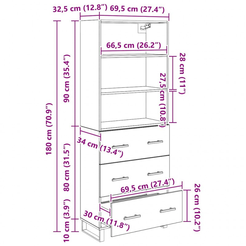 Highboard Czarny Dąb 69,5 x 34 x 180 cm Materiał drewnopochodny
