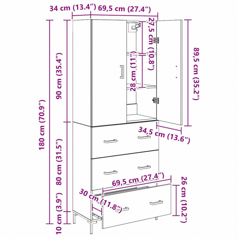 Highboard Montowane na ścianie Stare drewno 69,5 x 34 x 180 cm
