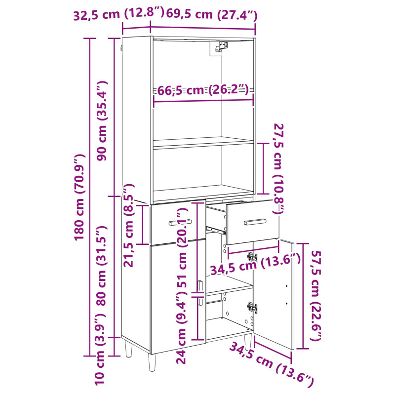 Highboard z szufladą Stare drewno 69,5 x 32,5 x 180 cm