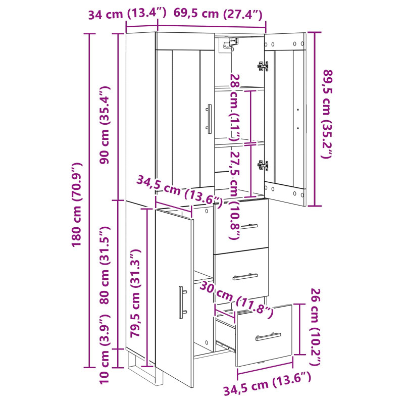 Highboard 2 pcs Czarny Dąb Drewno inżynieryjne i szkło