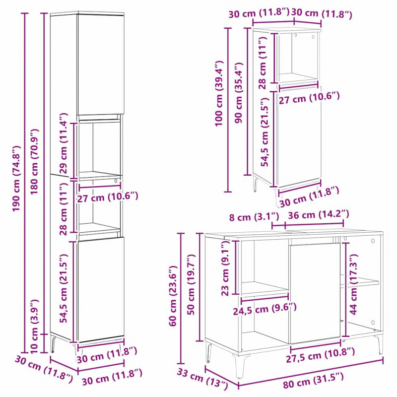 Zestaw mebli łazienkowych z półką z drzwiami 3 pcs Stare drewno
