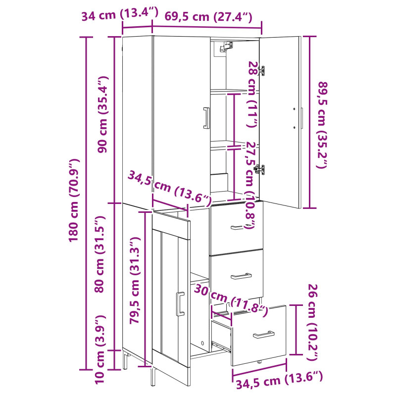 Highboard Czarny Dąb 69,5 x 34 x 180 cm Materiał drewnopochodny
