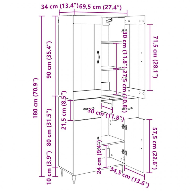 Highboard z szufladą Stare drewno 69,5 x 34 x 180 cm