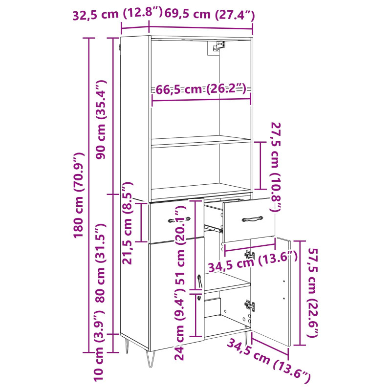Highboard z szufladą 2 pcs Stare drewno Materiał drewnopochodny