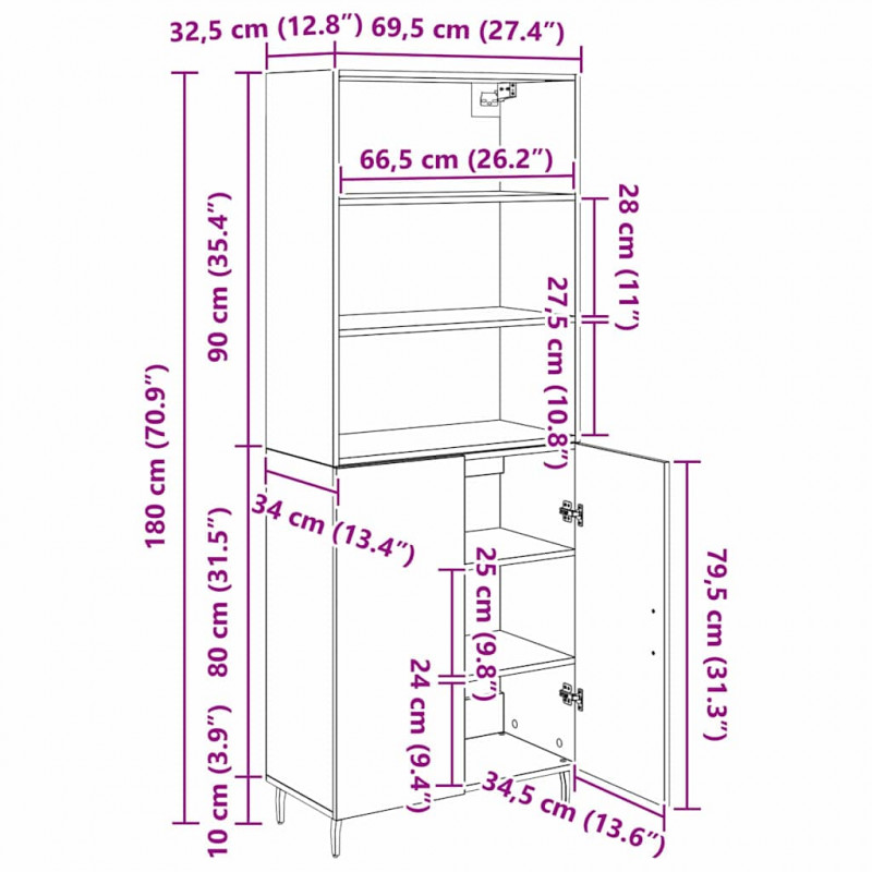 Highboard Czarny Dąb 69,5 x 34 x 180 cm