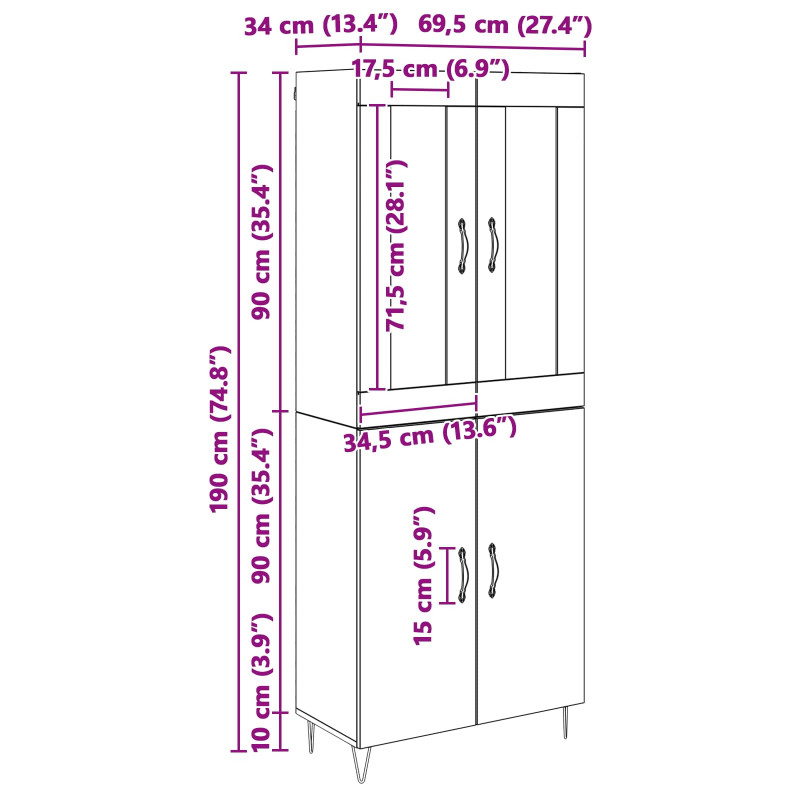 Highboard Czarny Dąb 69,5 x 34 x 180 cm Materiał drewnopochodny