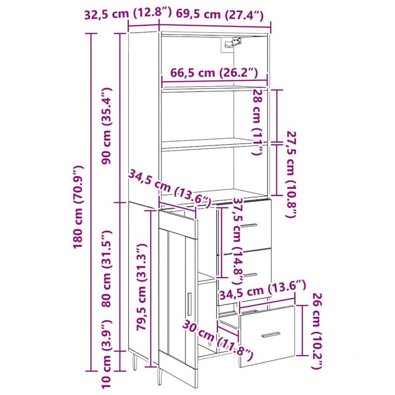Highboard z szufladą Czarny Dąb 69,5 x 34 x 180 cm