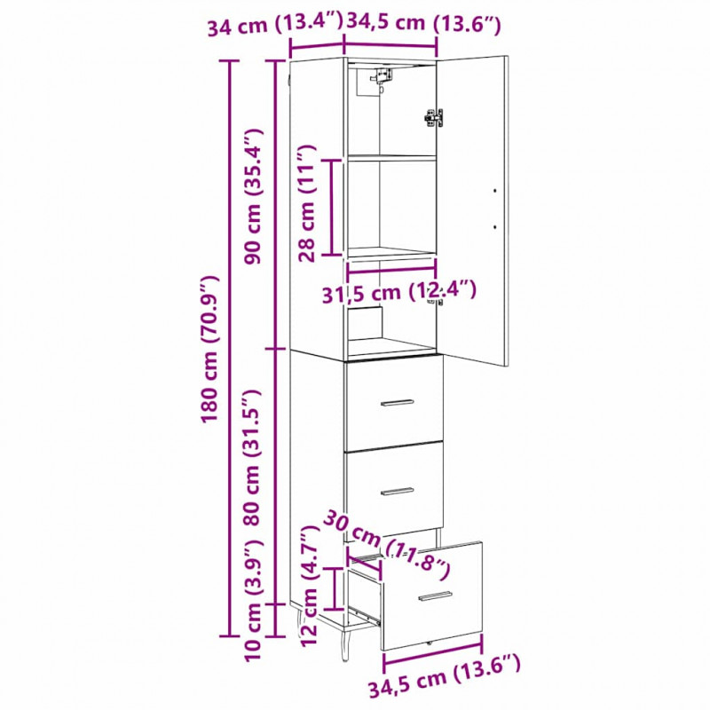 Highboard Czarny Dąb 34,5 x 34 x 180 cm Materiał drewnopochodny