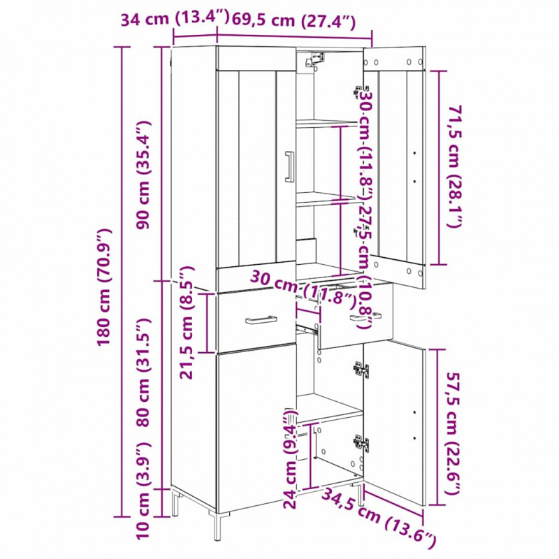 Highboard z szufladą 2 pcs Stare drewno Materiał drewnopochodny