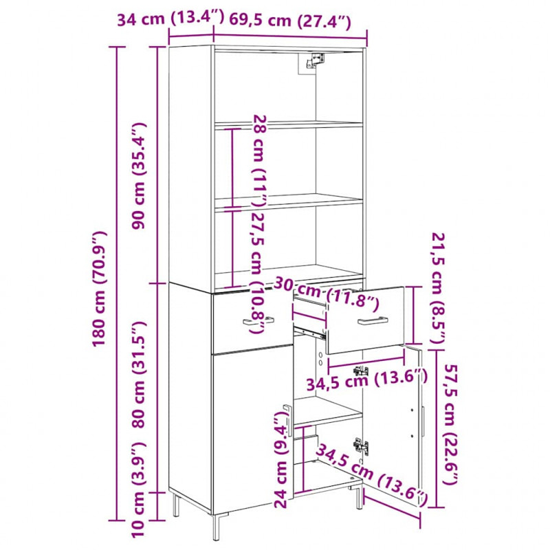 Highboard z szufladą Stare drewno 69,5 x 34 x 180 cm