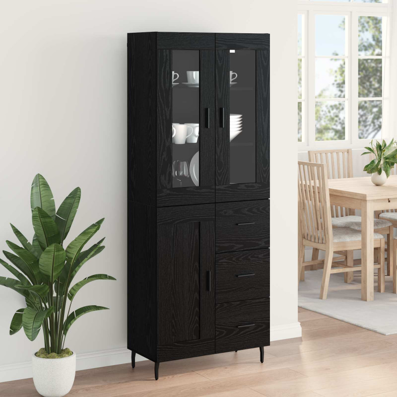 Highboard 2 pcs Czarny Dąb Drewno inżynieryjne i szkło