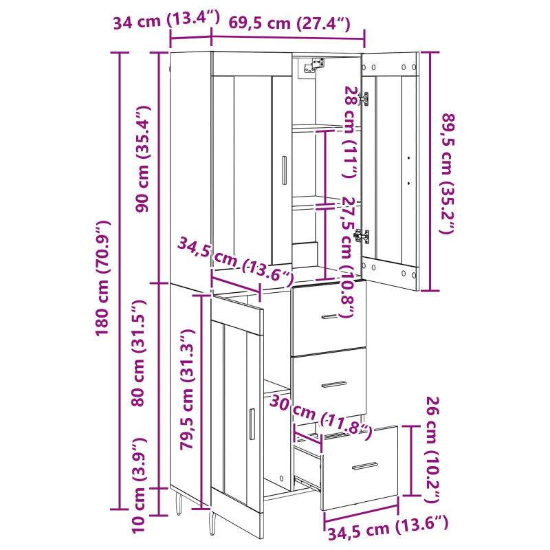 Highboard 2 pcs Czarny Dąb Drewno inżynieryjne i szkło