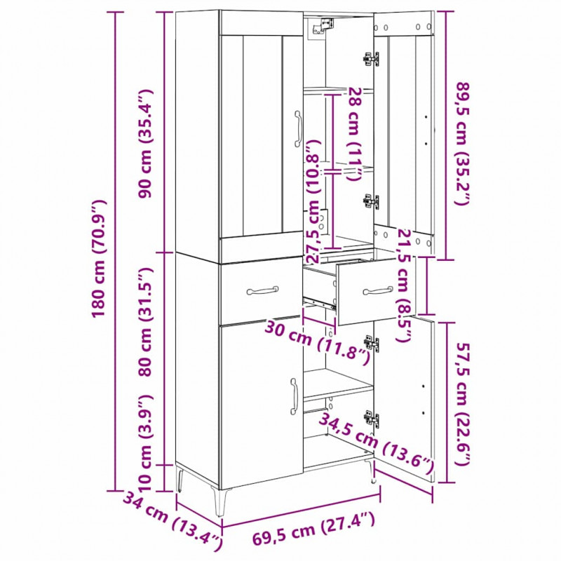 Highboard Montowane na ścianie Stare drewno 69,5 x 34 x 180 cm