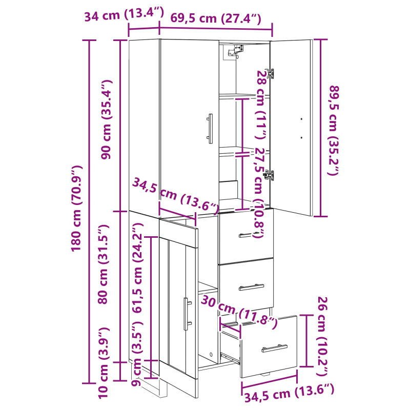 Highboard z szufladą 2 pcs Czarny Dąb 69,5 x 34 x 180 cm