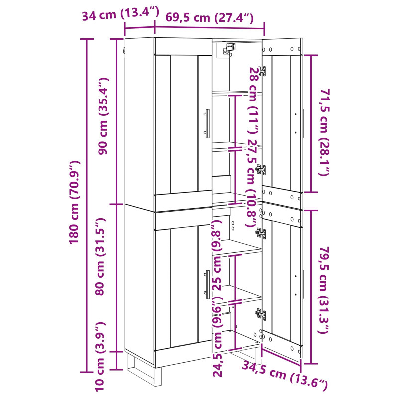 Highboard Czarny Dąb 69,5 x 34 x 180 cm Materiał drewnopochodny