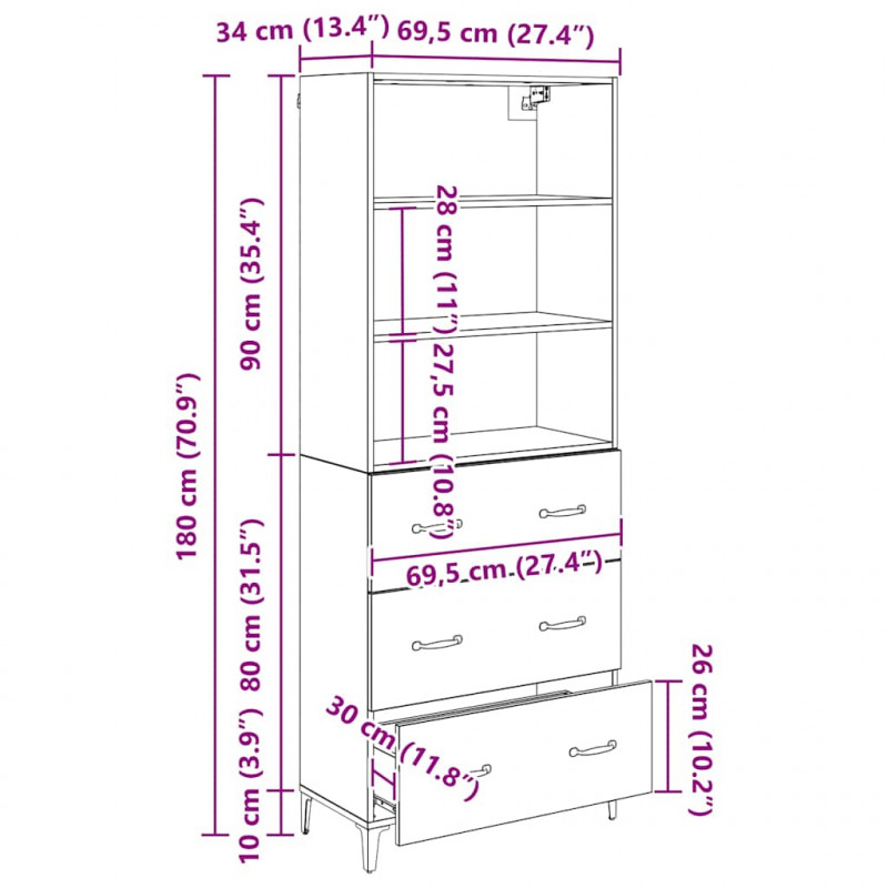 Highboard z szufladą Stare drewno 69,5 x 34 x 180 cm