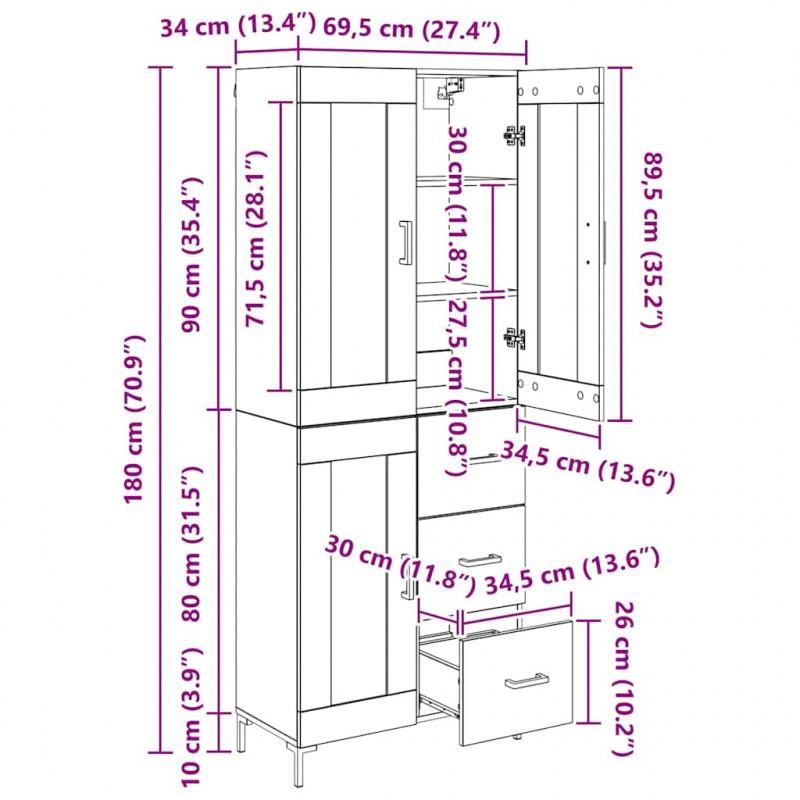 Highboard z szufladą 2 pcs Czarny Dąb Materiał drewnopochodny