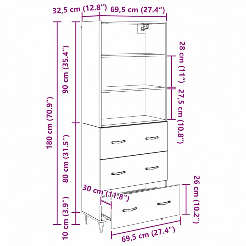 Highboard z szufladą 2 pcs Czarny Dąb Materiał drewnopochodny