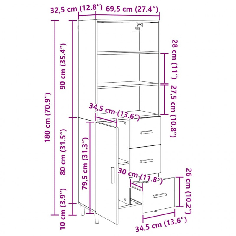 Highboard z szufladą Czarny Dąb 69,5 x 32,5 x 180 cm