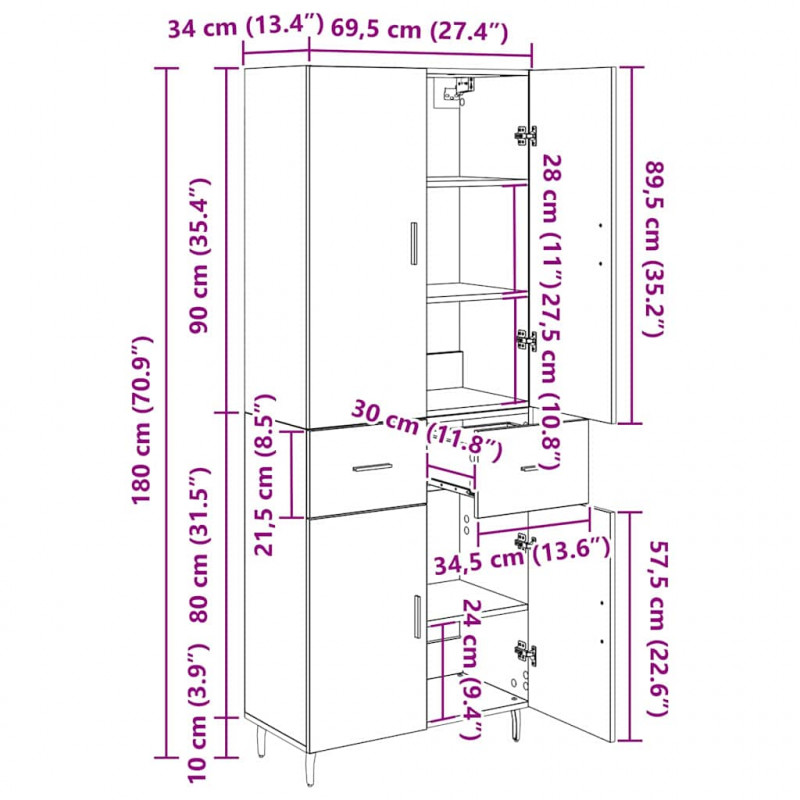 Highboard 2 pcs Stare drewno Drewno inżynieryjne i szkło