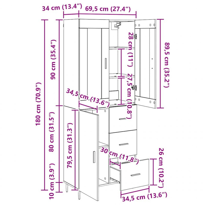 Highboard z szufladą 2 pcs Czarny Dąb Materiał drewnopochodny
