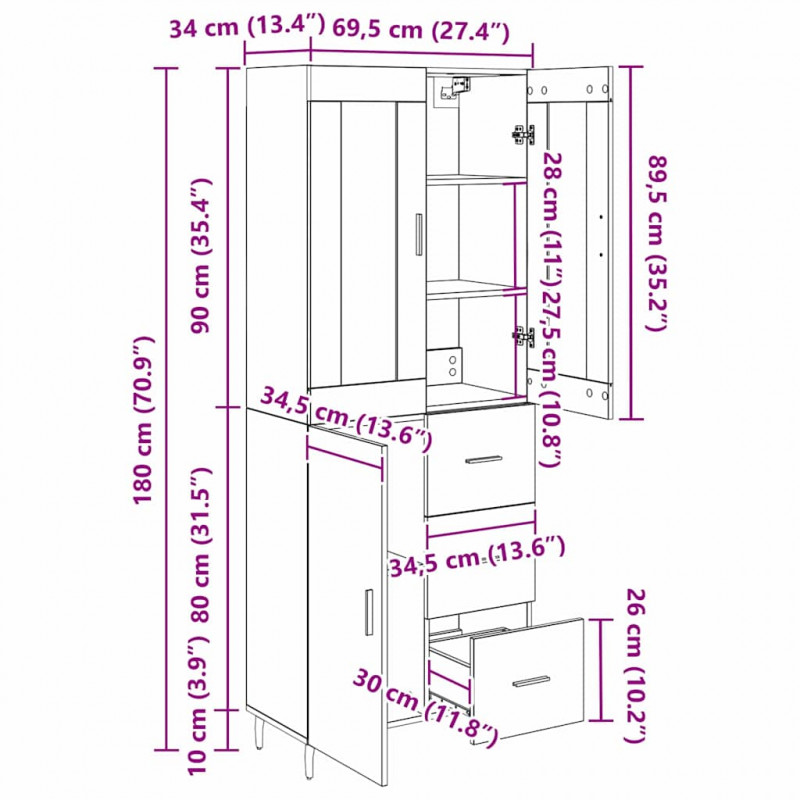 Highboard z szufladą 2 pcs Stare drewno Materiał drewnopochodny