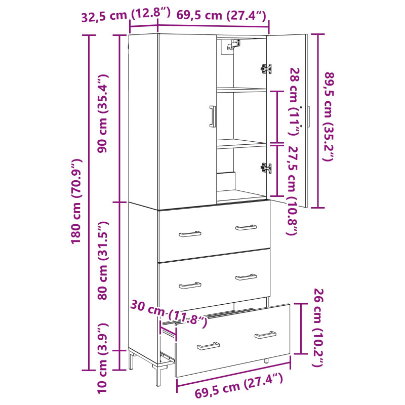 Highboard Czarny Dąb 69,5 x 34 x 180 cm Materiał drewnopochodny