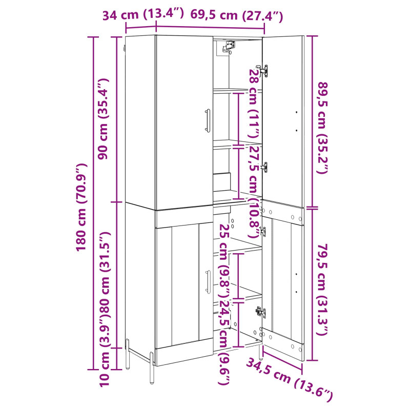 Highboard Montowane na ścianie Stare drewno 69,5 x 34 x 180 cm
