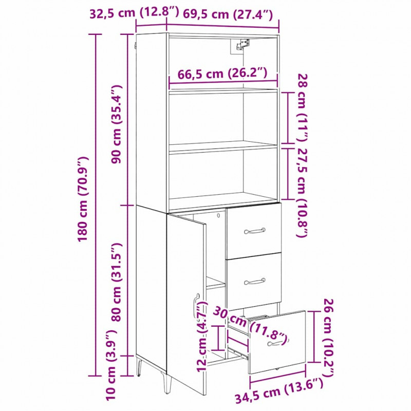 Highboard Czarny Dąb 69,5 x 34 x 180 cm Materiał drewnopochodny