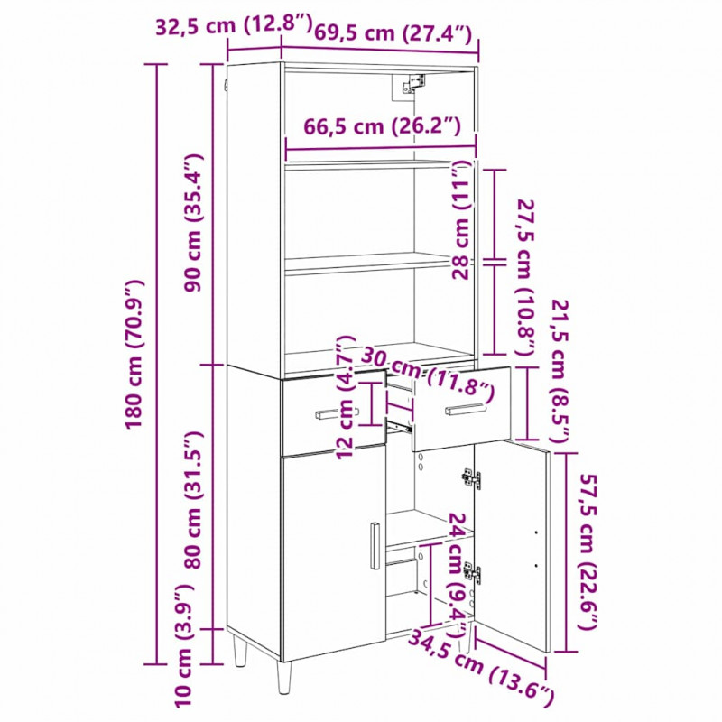 Highboard z szufladą Czarny Dąb 69,5 x 32,5 x 180 cm