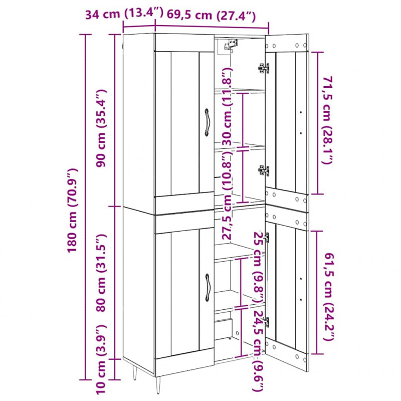 Highboard 2 pcs Czarny Dąb Materiał drewnopochodny