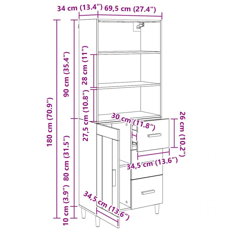 Highboard z szufladą Stare drewno 69,5 x 34 x 180 cm