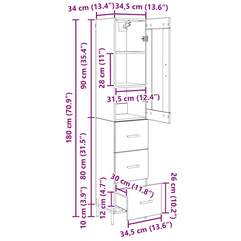 Highboard z szufladą Stare drewno 34,5 x 34 x 180 cm
