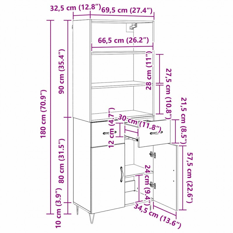 Highboard z szufladą 2 pcs Czarny Dąb Materiał drewnopochodny