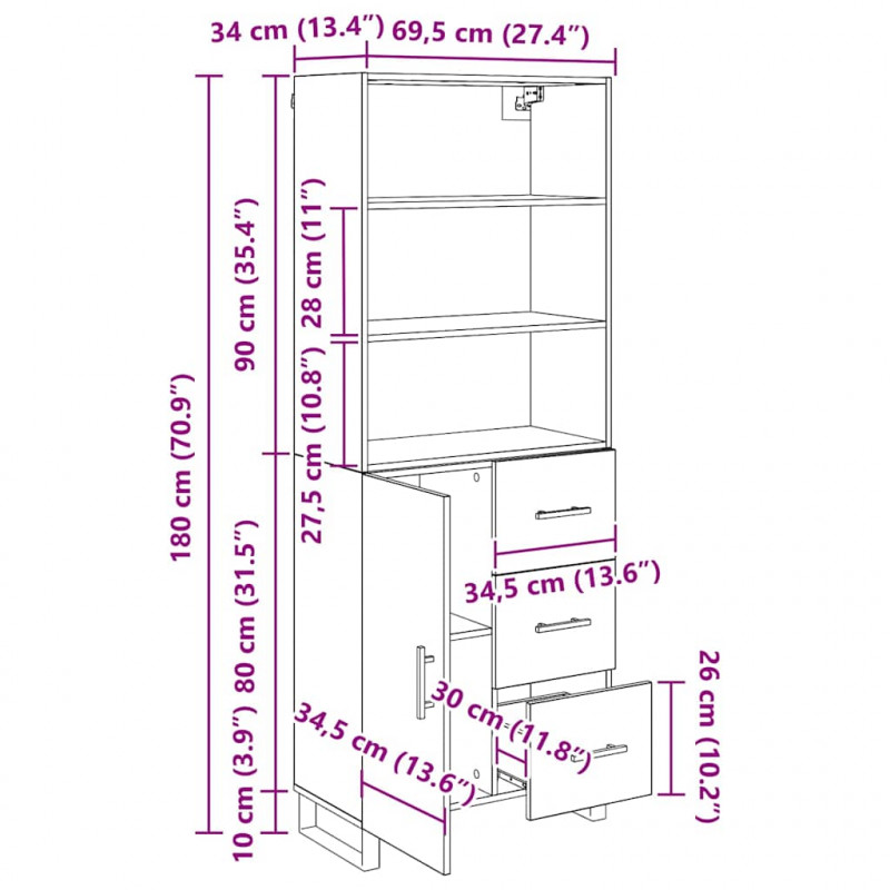 Highboard z szufladą Stare drewno 69,5 x 34 x 180 cm