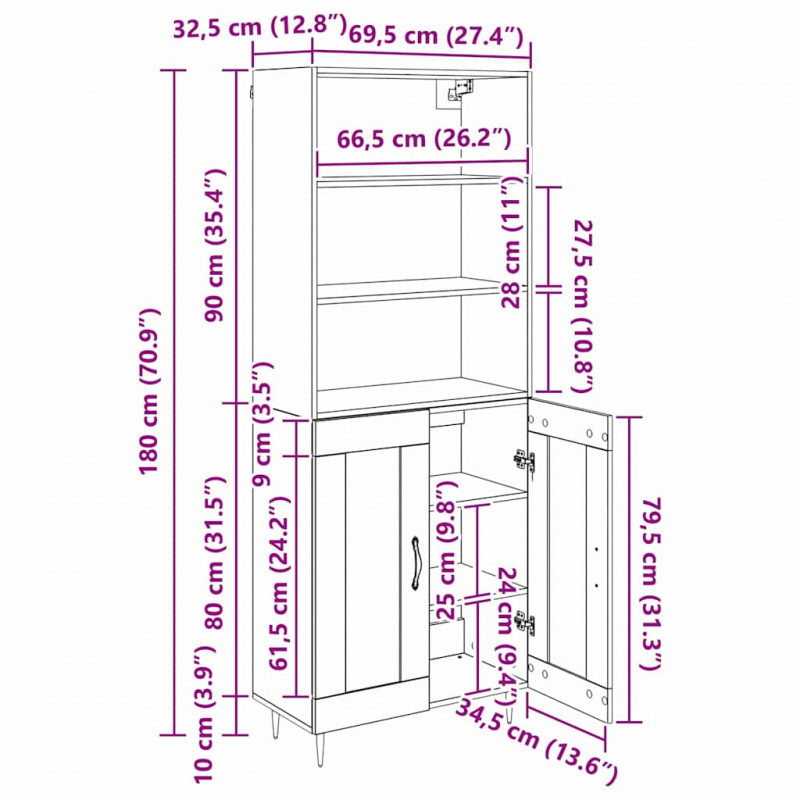 Highboard Czarny dąb 69,5 x 34 x 180 cm Materiał drewnopochodny