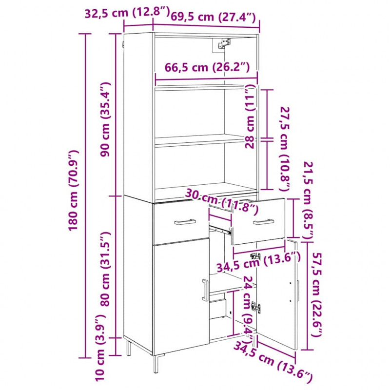 Highboard Czarny Dąb 69,5 x 34 x 180 cm Materiał drewnopochodny